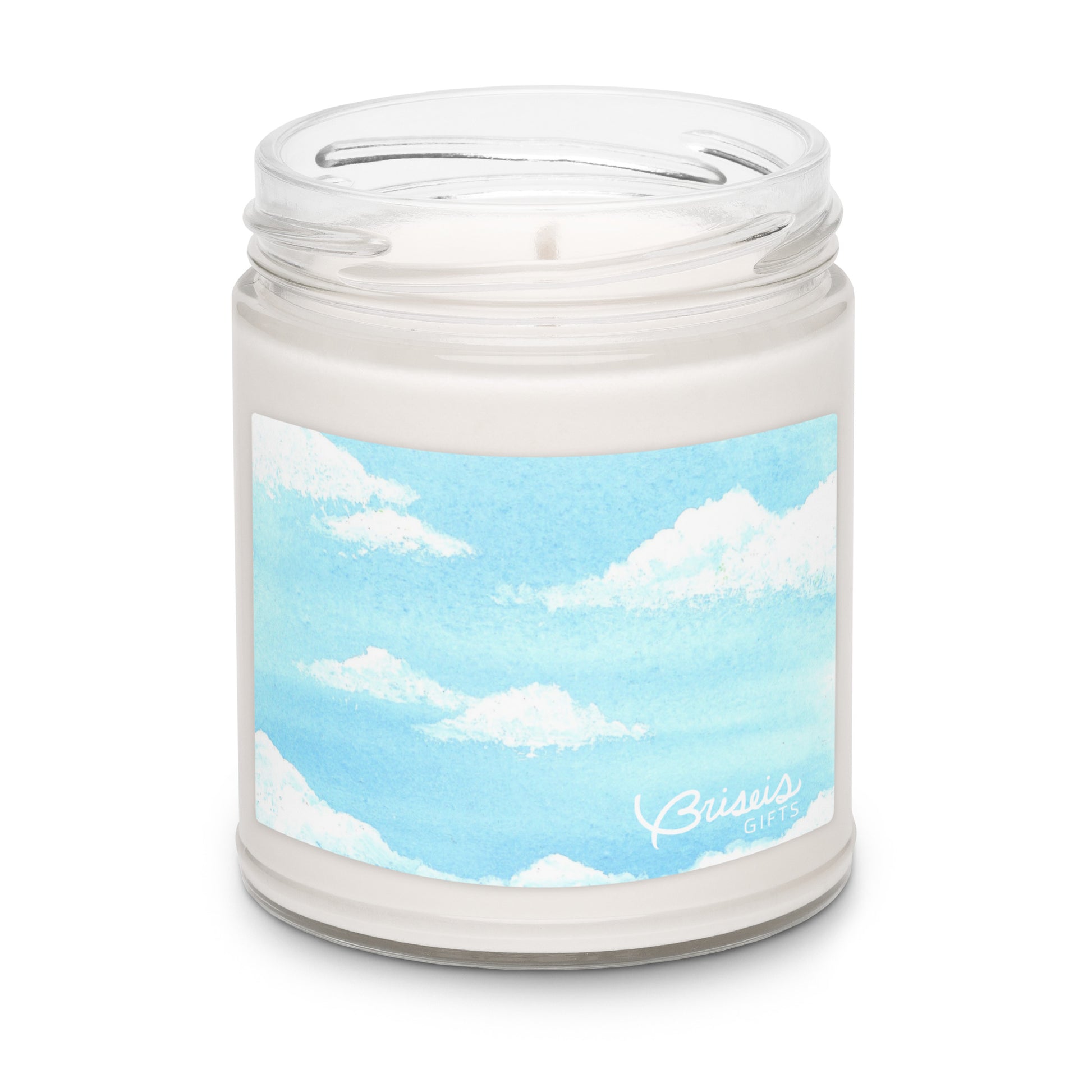 Clean cotton soy jar candle, hand-drawn art clouds in sky design by Briseis Gifts