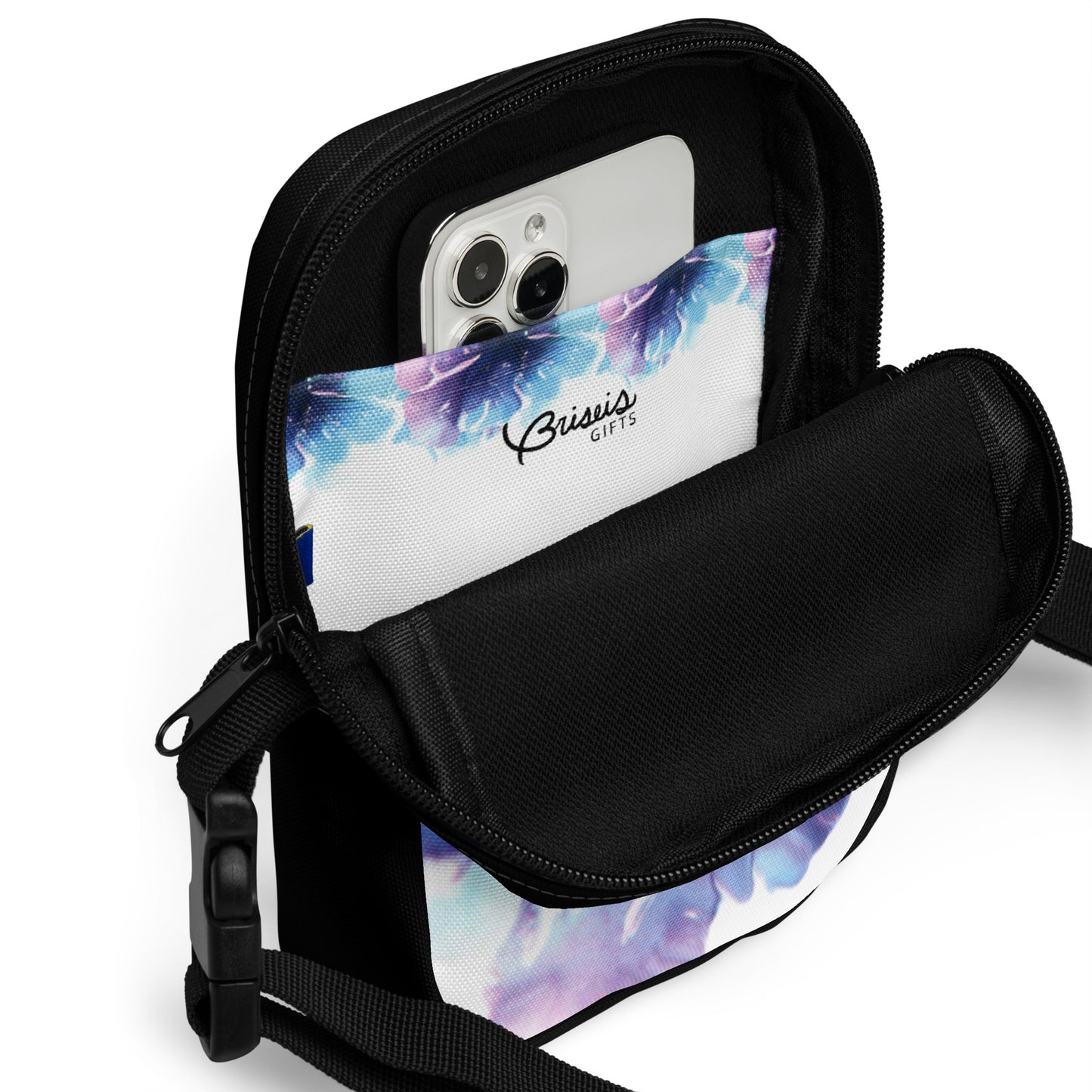 Blue, turquoise and purple swirl design hand-drawn art crossbody bag inside view, by Briseis Gifts