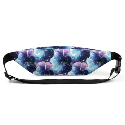 Blue, turquoise and purple swirl design hand-drawn art fanny pack back view, by Briseis Gifts