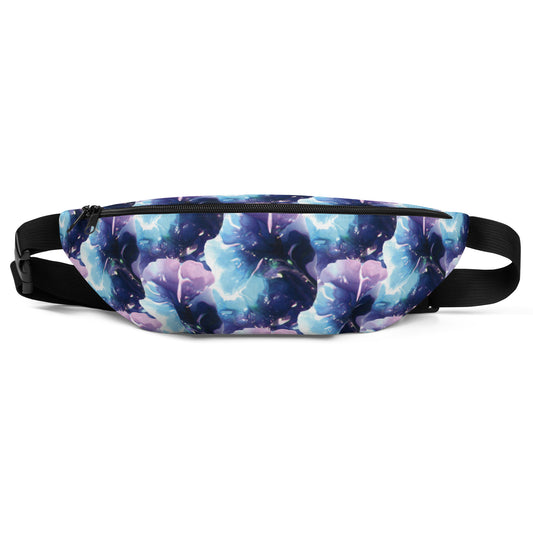 Blue, turquoise and purple swirl design hand-drawn art fanny pack front view, by Briseis Gifts