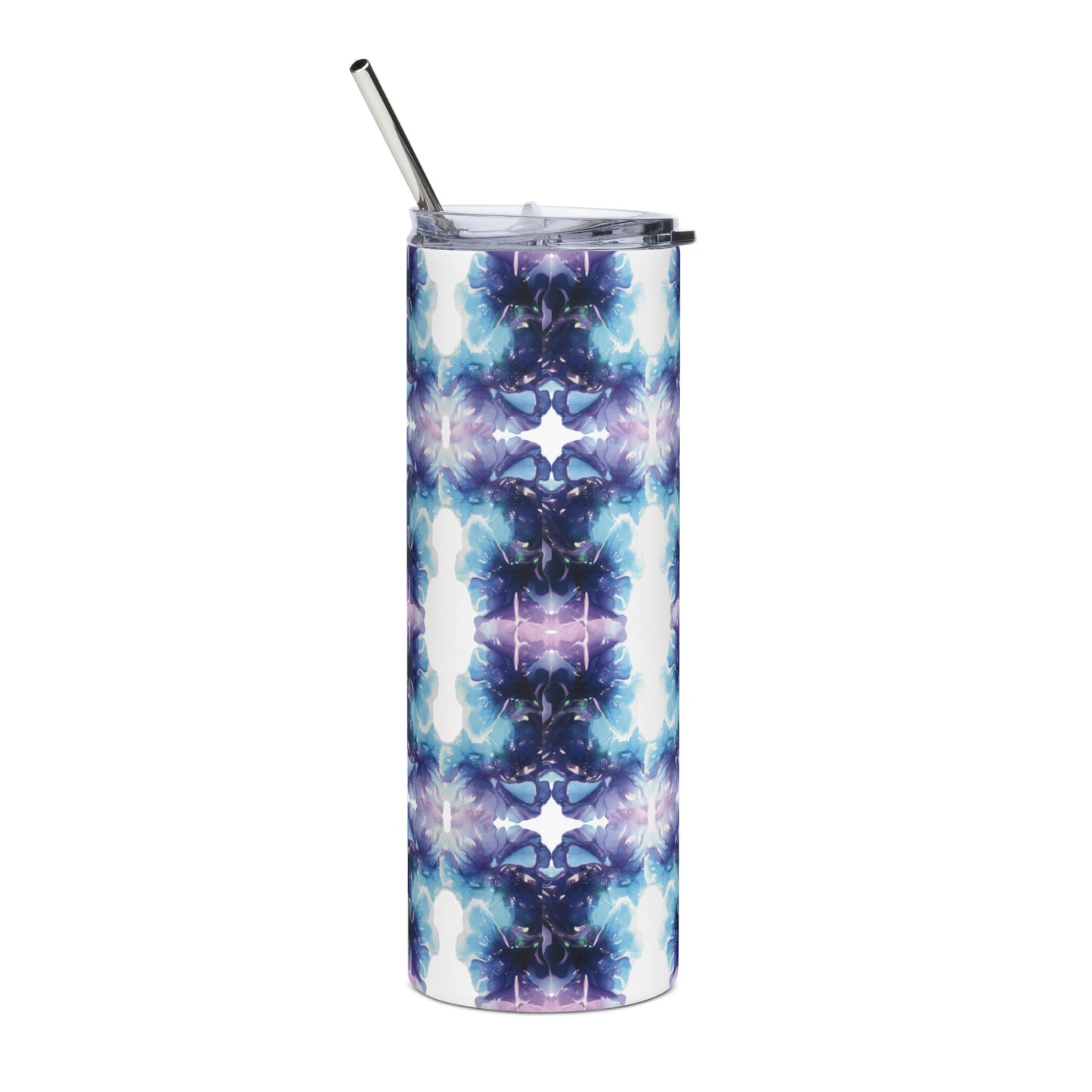 Blue, turquoise and purple swirl design hand-drawn art stainless steel tumbler back view, by Briseis Gifts