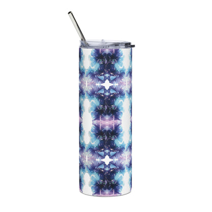 Blue, turquoise and purple swirl design hand-drawn art stainless steel tumbler back view, by Briseis Gifts