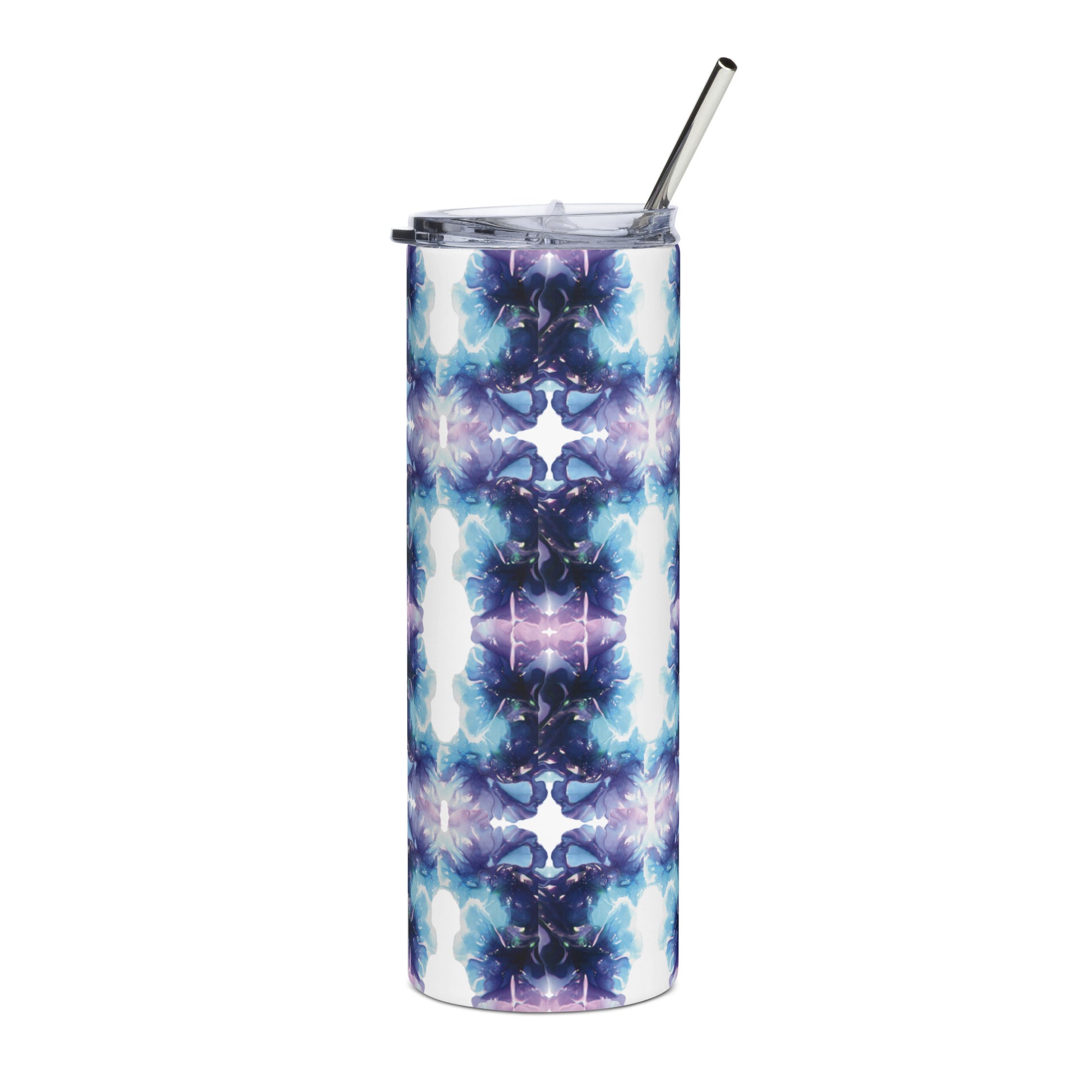Blue, turquoise and purple swirl design hand-drawn art stainless steel tumbler front view, by Briseis Gifts