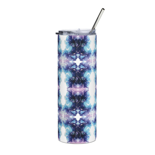 Blue, turquoise and purple swirl design hand-drawn art stainless steel tumbler front view, by Briseis Gifts