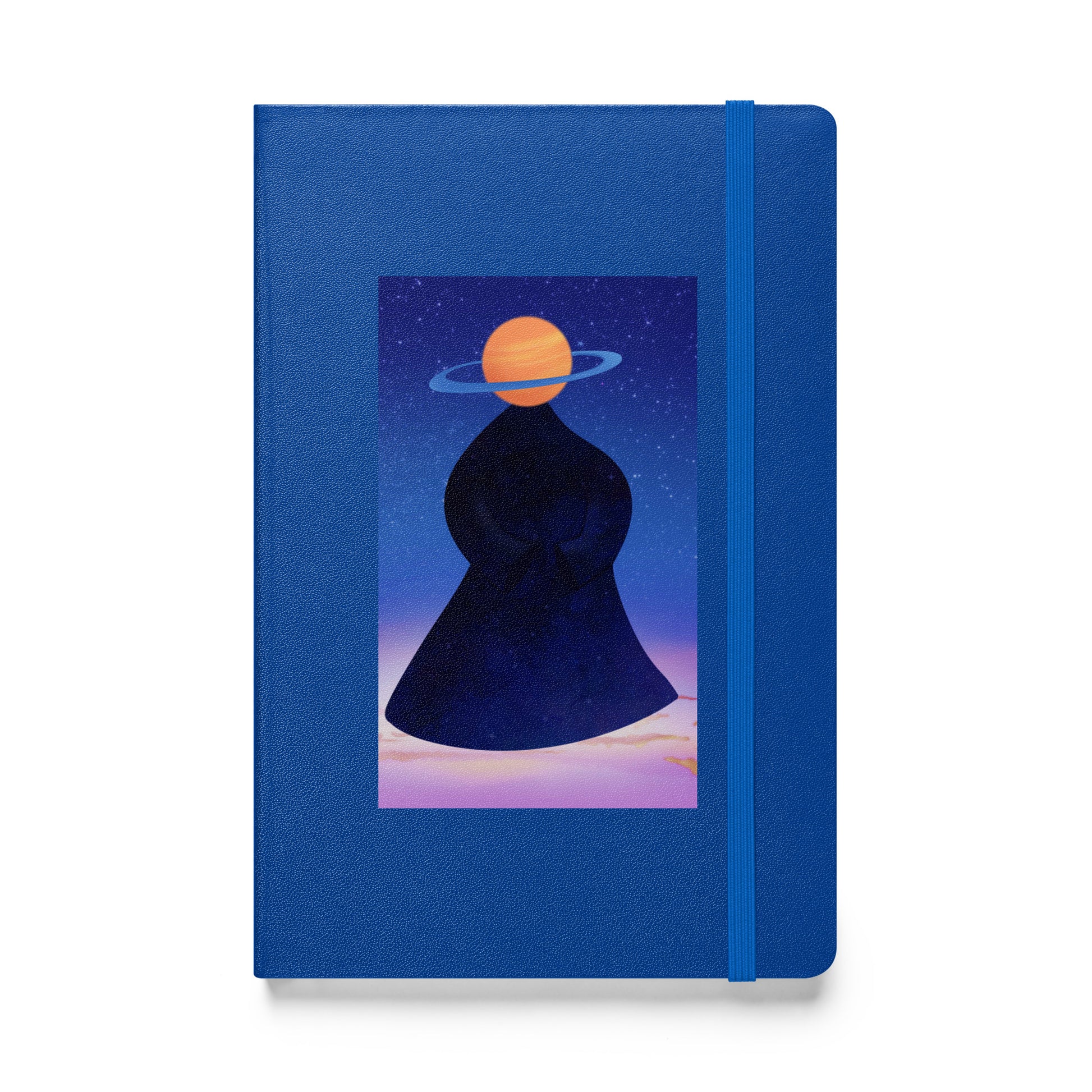 Cosmic galaxy figure hand-drawn art blue notebook journal front view, by Briseis Gifts