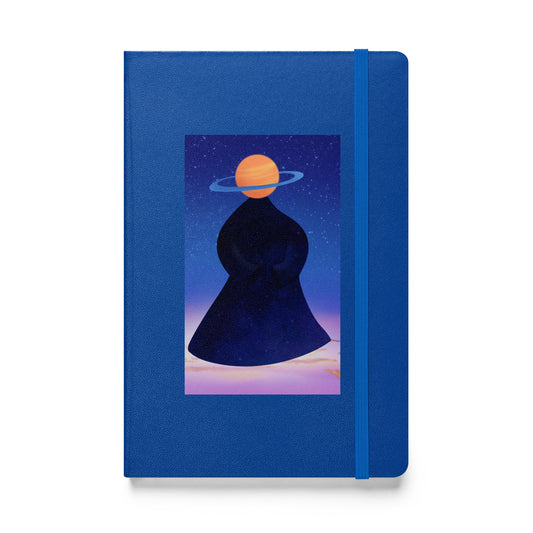 Cosmic galaxy figure hand-drawn art blue notebook journal front view, by Briseis Gifts