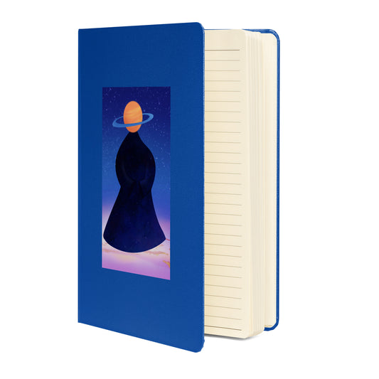 Cosmic galaxy figure hand-drawn art blue notebook journal open view, by Briseis Gifts