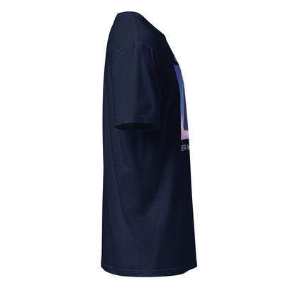 Cosmic galaxy figure hand-drawn art navy blue unisex statement t-shirt, right view, by Briseis Gifts