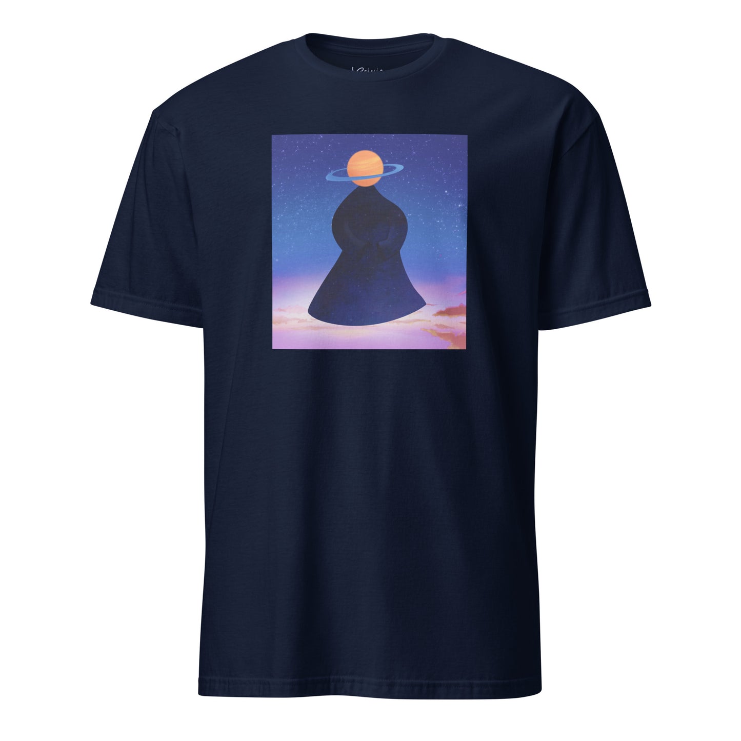 Cosmic galaxy figure hand-drawn art navy blue unisex t-shirt, front view, by Briseis Gifts