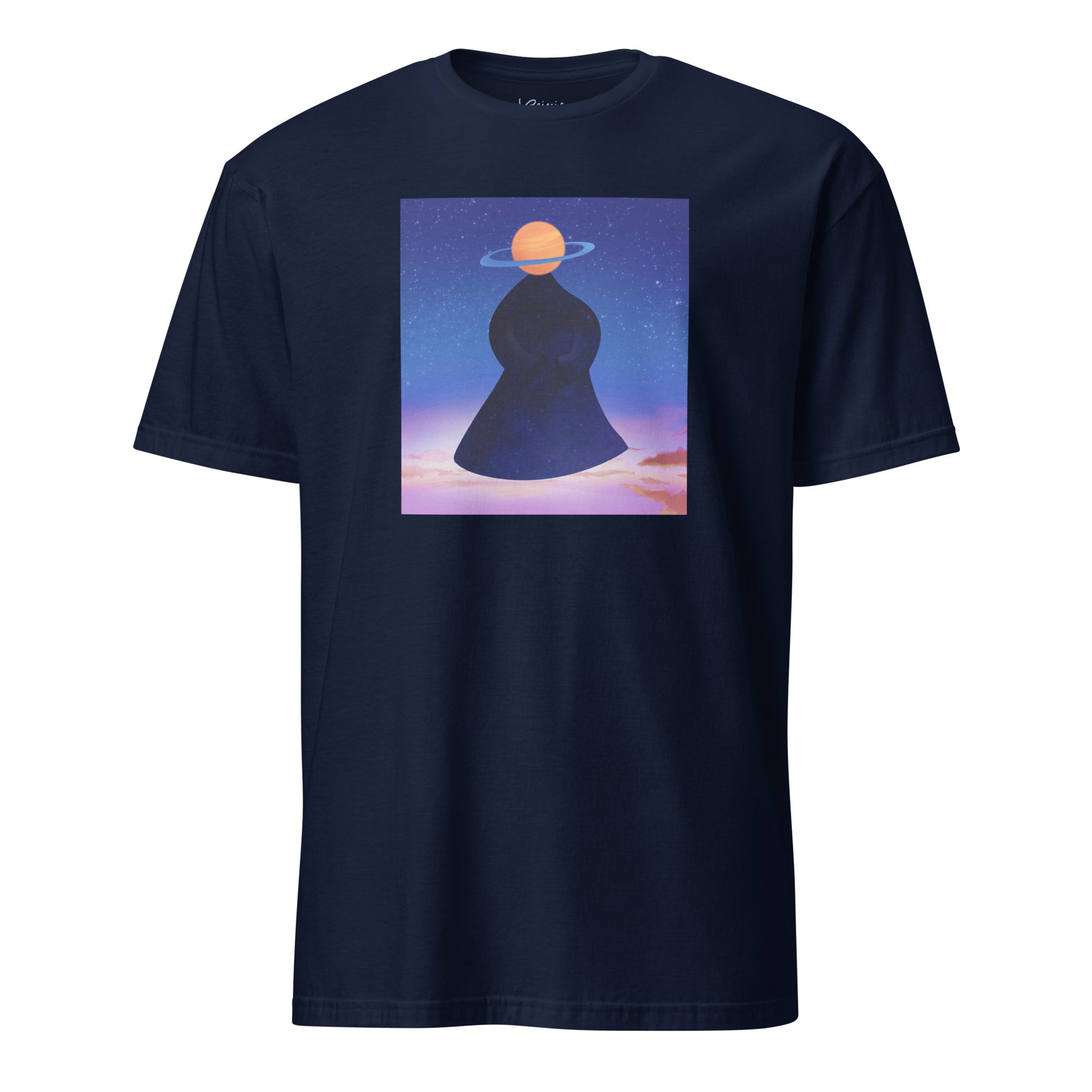Cosmic galaxy figure hand-drawn art navy blue unisex t-shirt, front view, by Briseis Gifts