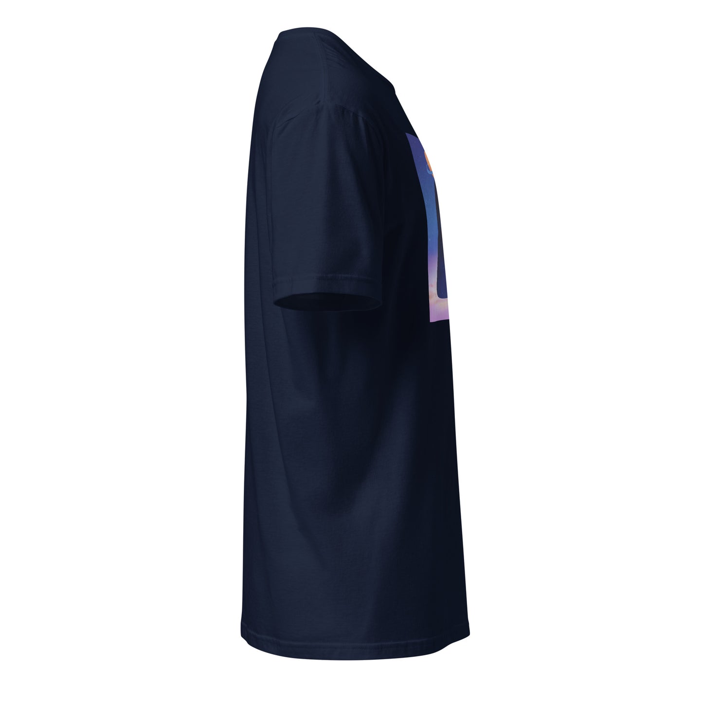 Cosmic galaxy figure hand-drawn art navy blue unisex t-shirt, right view, by Briseis Gifts