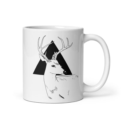 Majestic deer design hand-drawn art black ceramic mug, left side, by Briseis Gifts