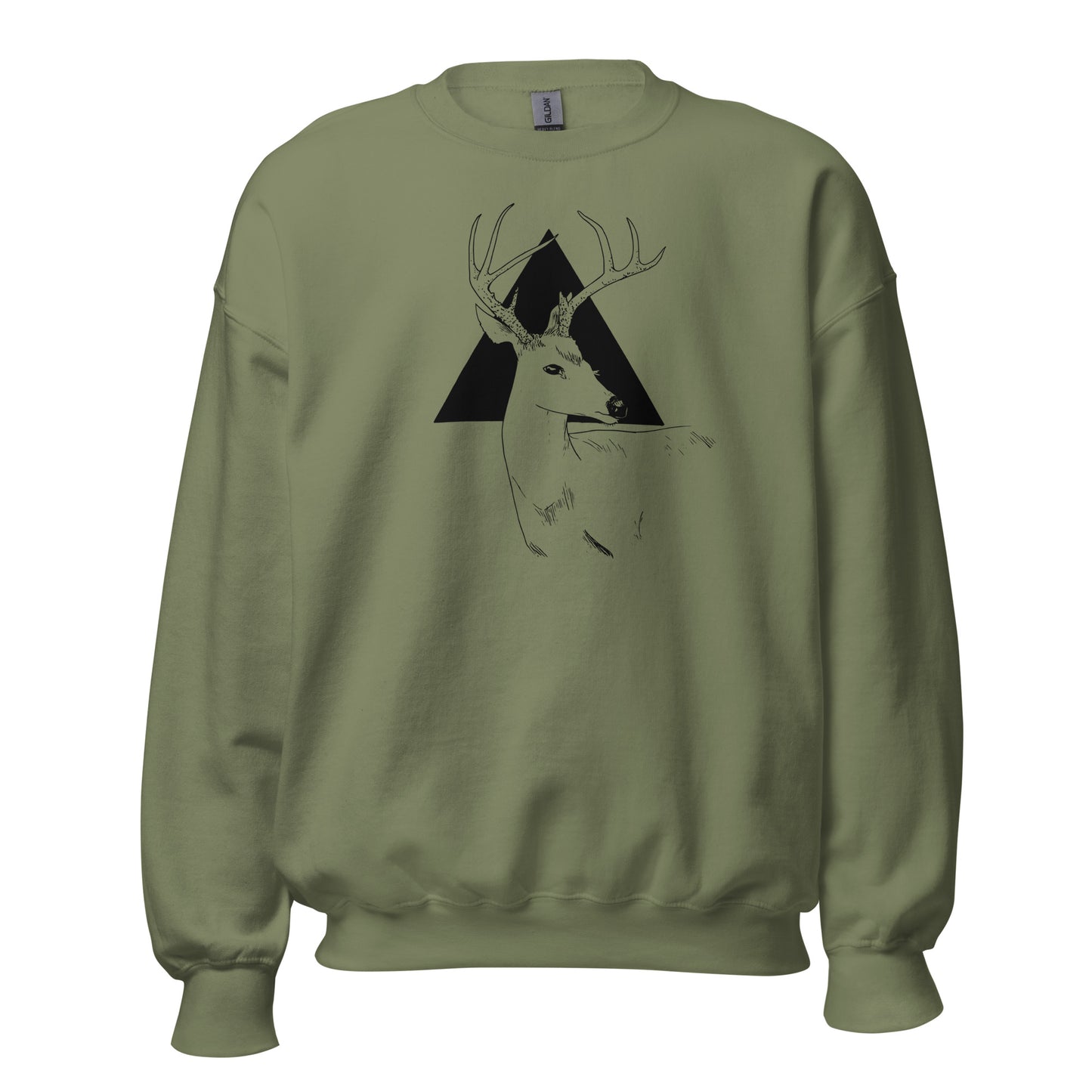 Majestic deer hand-drawn art olive green crew neck sweatshirt, front view, by Briseis Gifts