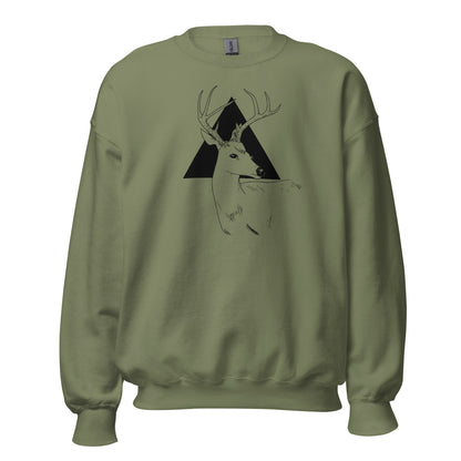 Majestic deer hand-drawn art olive green crew neck sweatshirt, front view, by Briseis Gifts