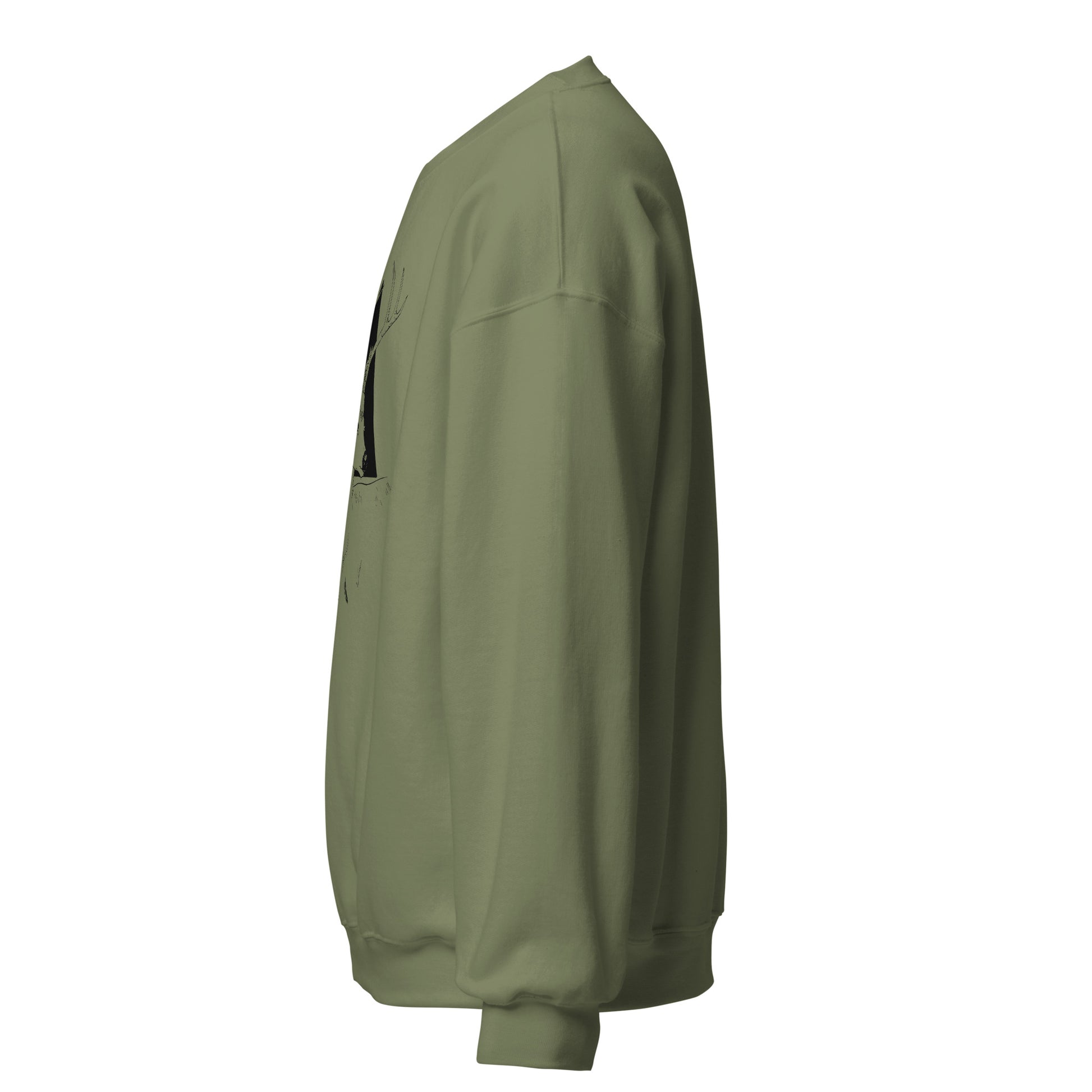 Majestic deer hand-drawn art olive green crew neck sweatshirt, left view, by Briseis Gifts