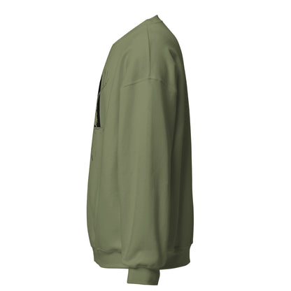 Majestic deer hand-drawn art olive green crew neck sweatshirt, left view, by Briseis Gifts