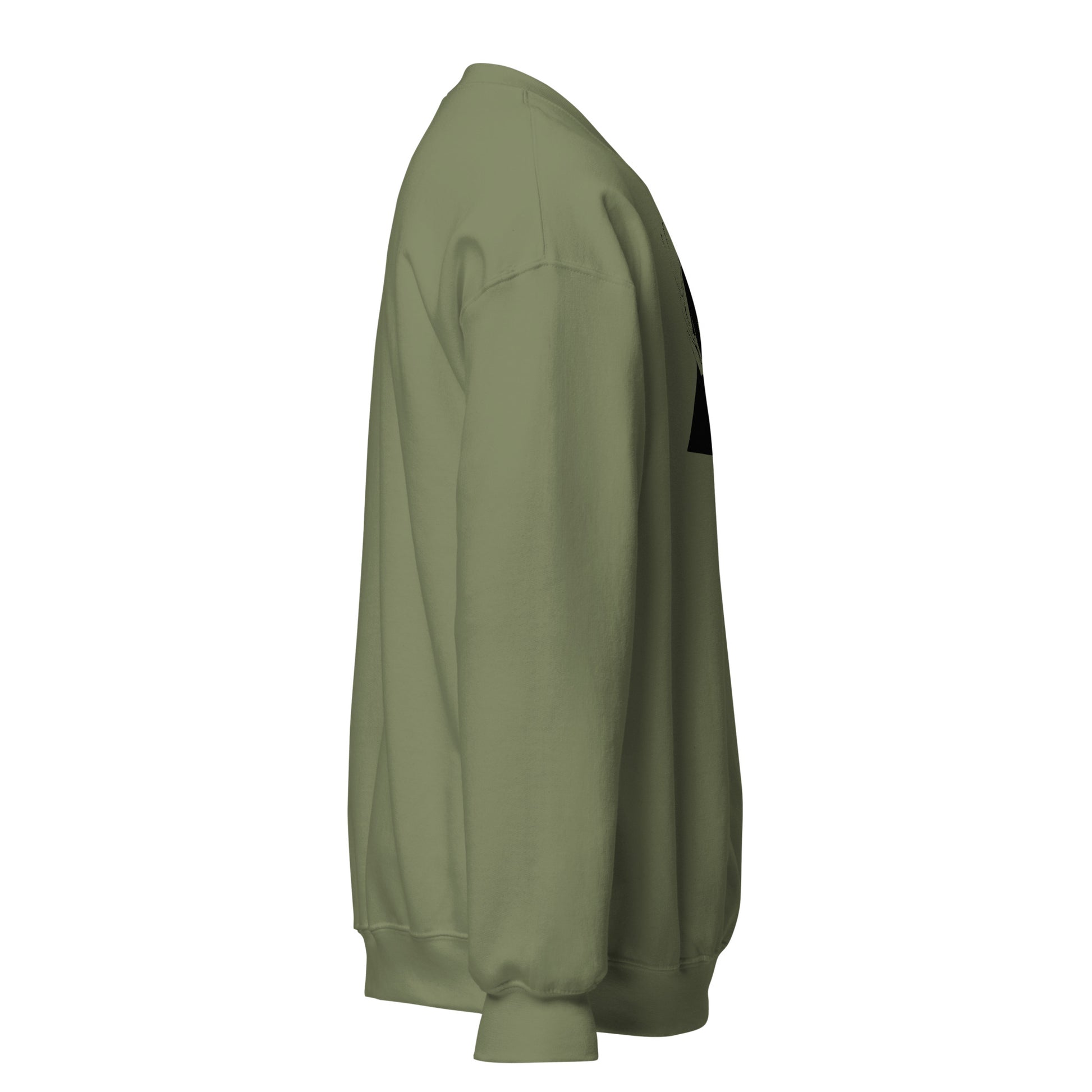 Majestic deer hand-drawn art olive green crew neck sweatshirt, right view, by Briseis Gifts