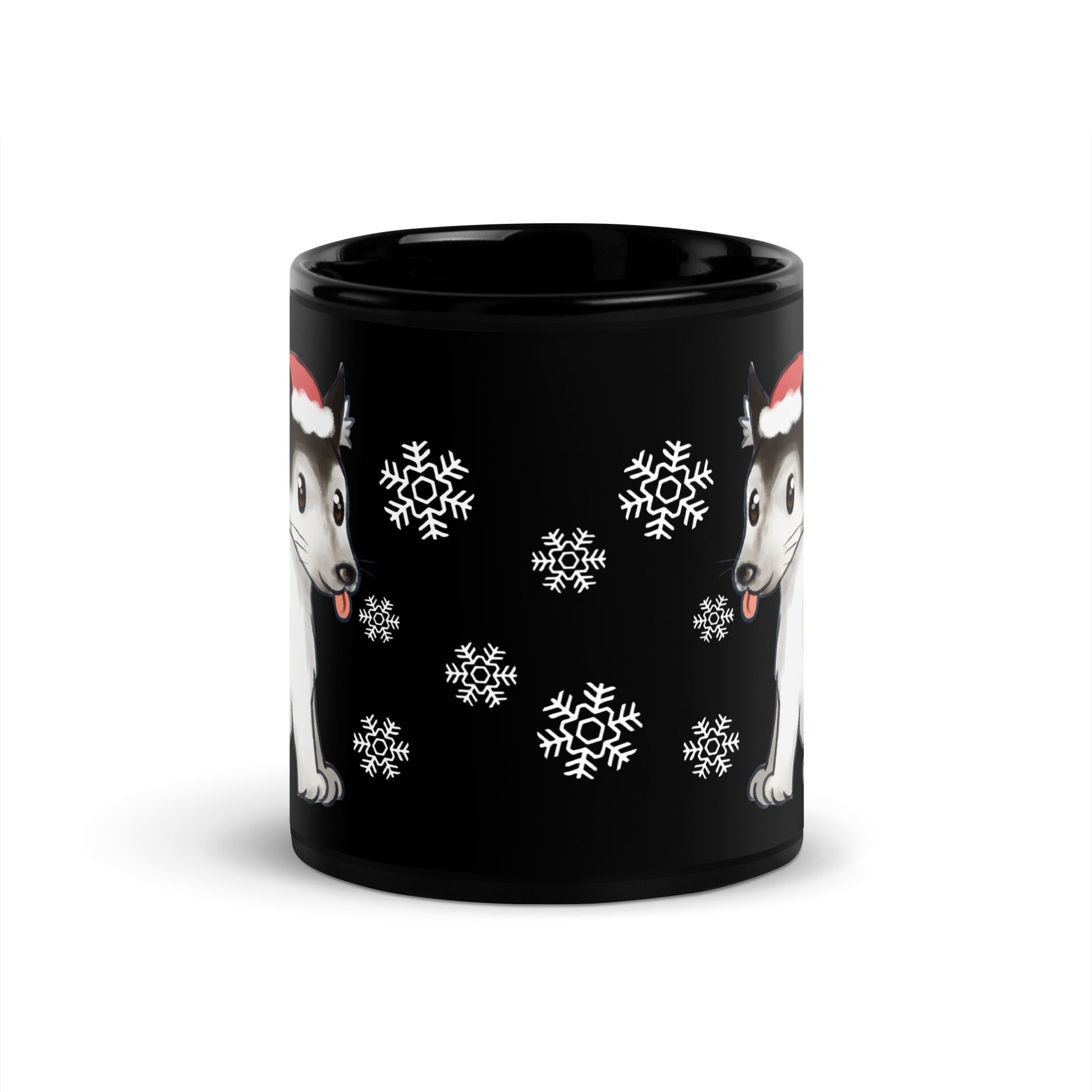 Winter santa pup design hand-drawn art black ceramic mug, front, by Briseis Gifts