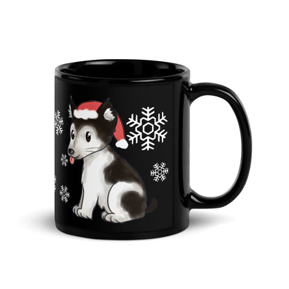 Winter santa pup design hand-drawn art black ceramic mug, left side, by Briseis Gifts
