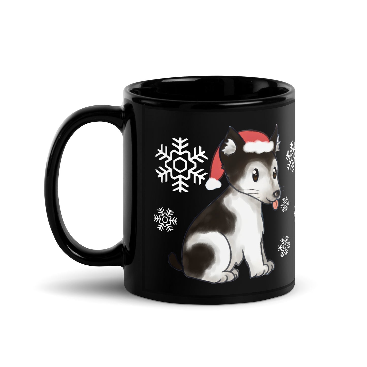 Winter santa pup design hand-drawn art black ceramic mug, right side, by Briseis Gifts