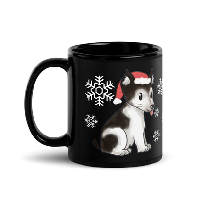 Winter santa pup design hand-drawn art black ceramic mug, right side, by Briseis Gifts