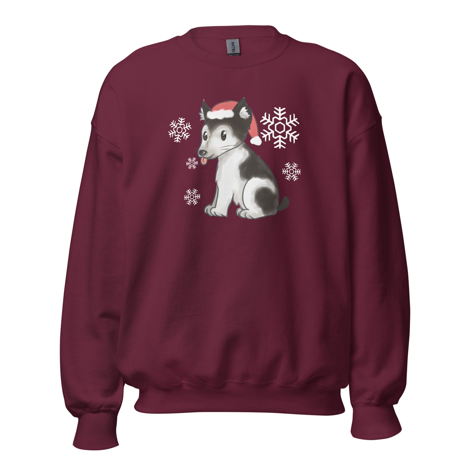 Winter santa pup hand-drawn art maroon crew neck  sweatshirt, front view, by Briseis Gifts