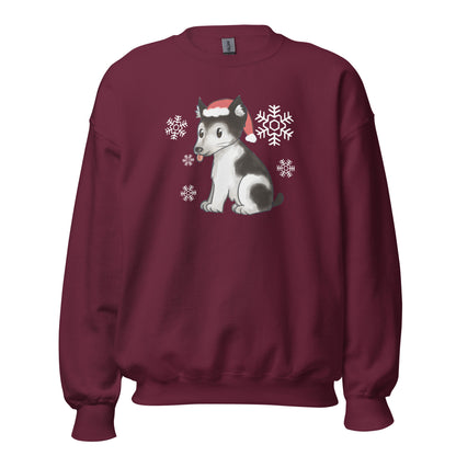 Winter santa pup hand-drawn art maroon crew neck  sweatshirt, front view, by Briseis Gifts