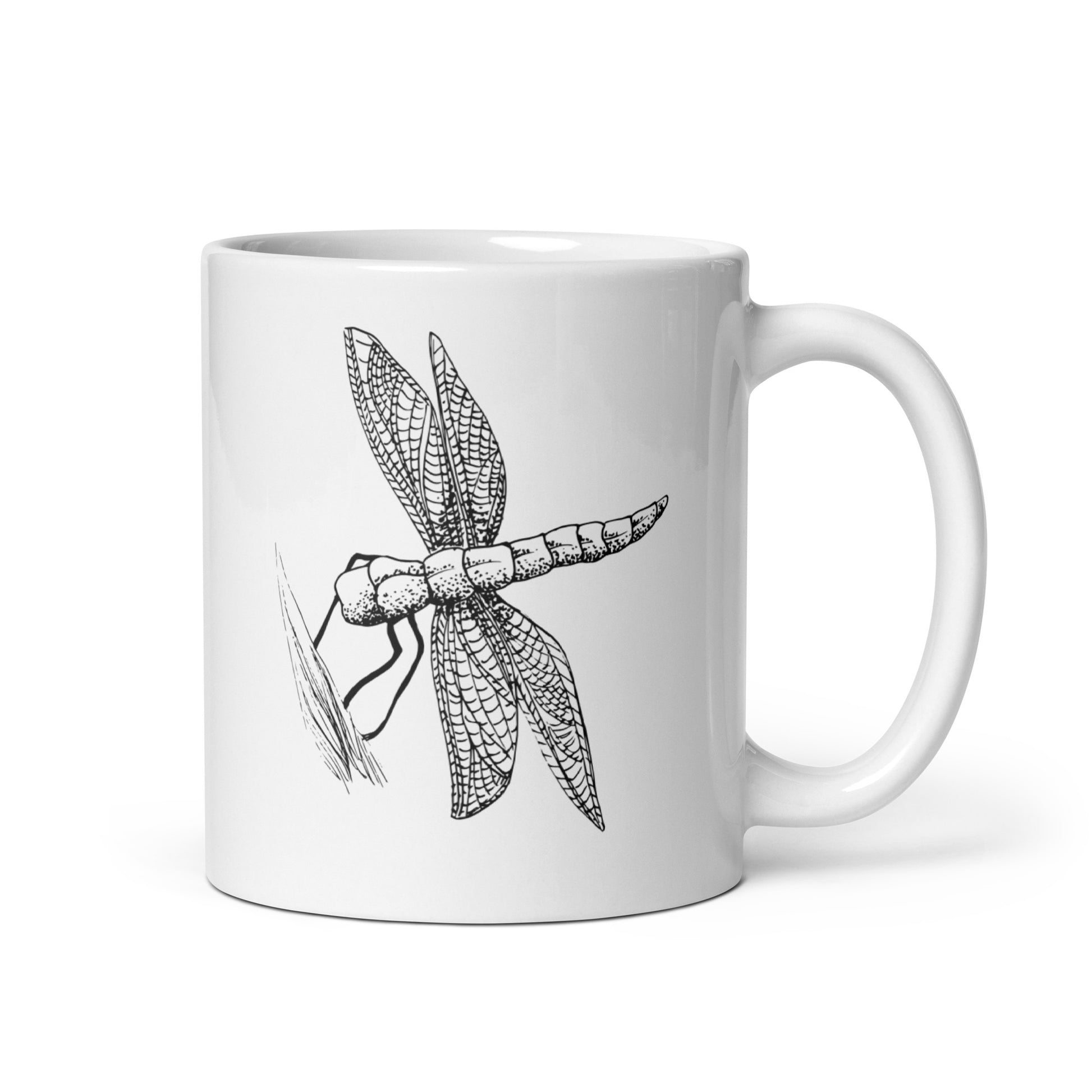 Dragonfly hand-drawn art white ceramic mug, graphic side, by Briseis Gifts