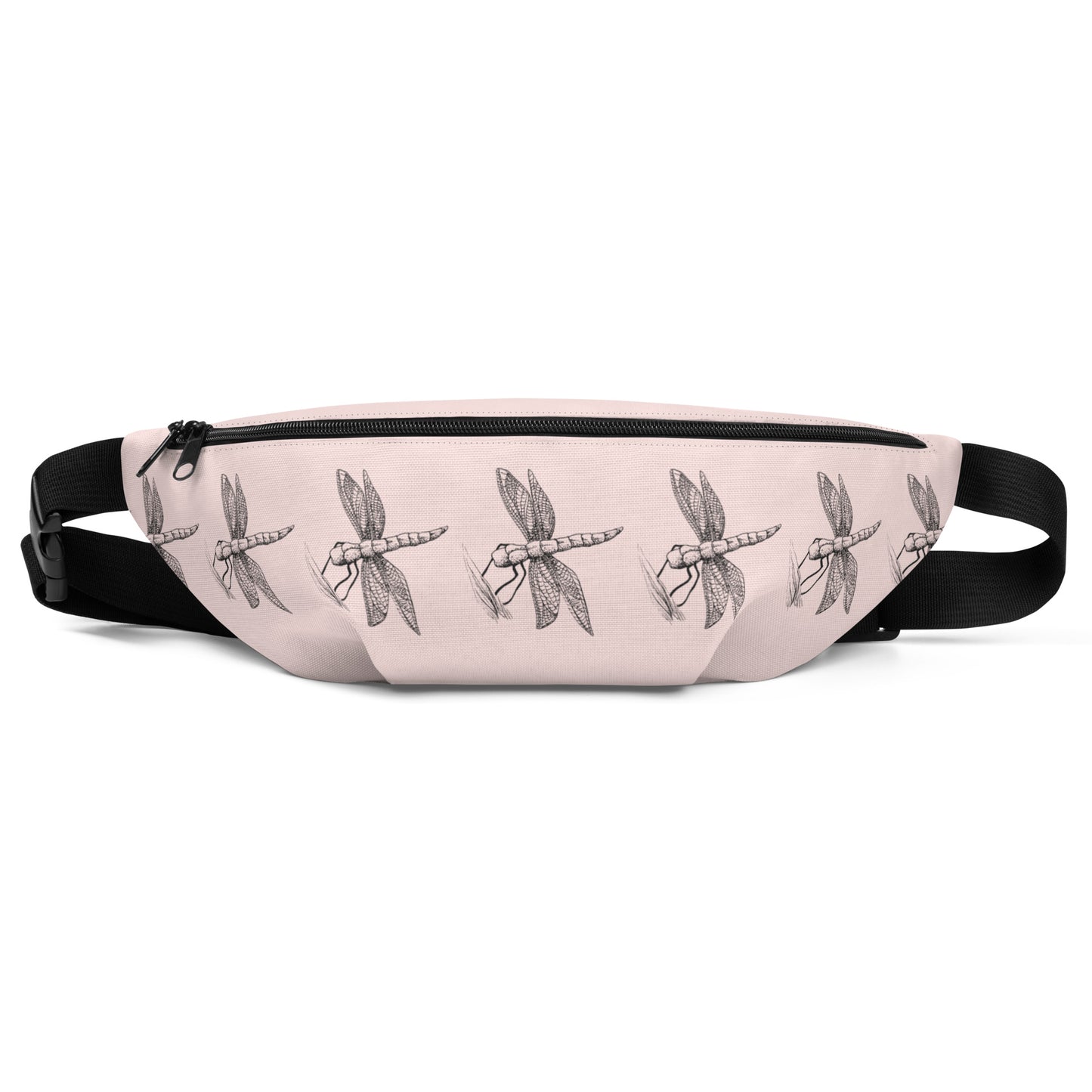 Dragonfly design hand-drawn art pink fanny pack front view, by Briseis Gifts