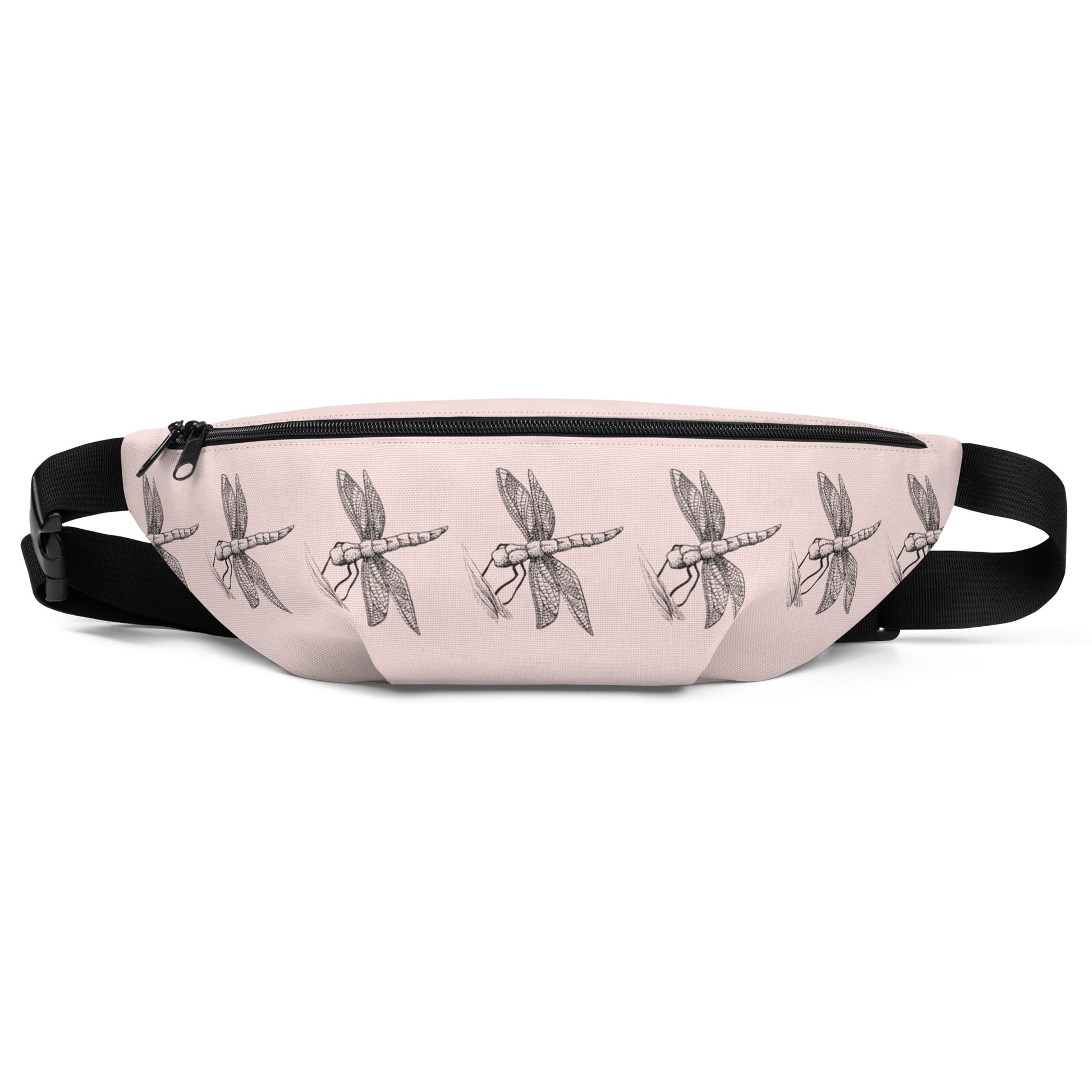 Dragonfly design hand-drawn art pink fanny pack front view, by Briseis Gifts
