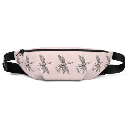 Dragonfly design hand-drawn art pink fanny pack front view, by Briseis Gifts