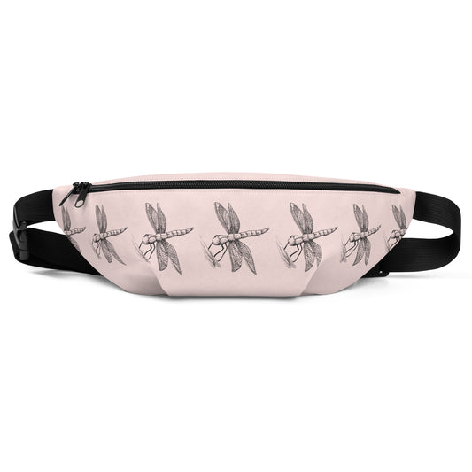 Dragonfly design hand-drawn art pink fanny pack front view, by Briseis Gifts