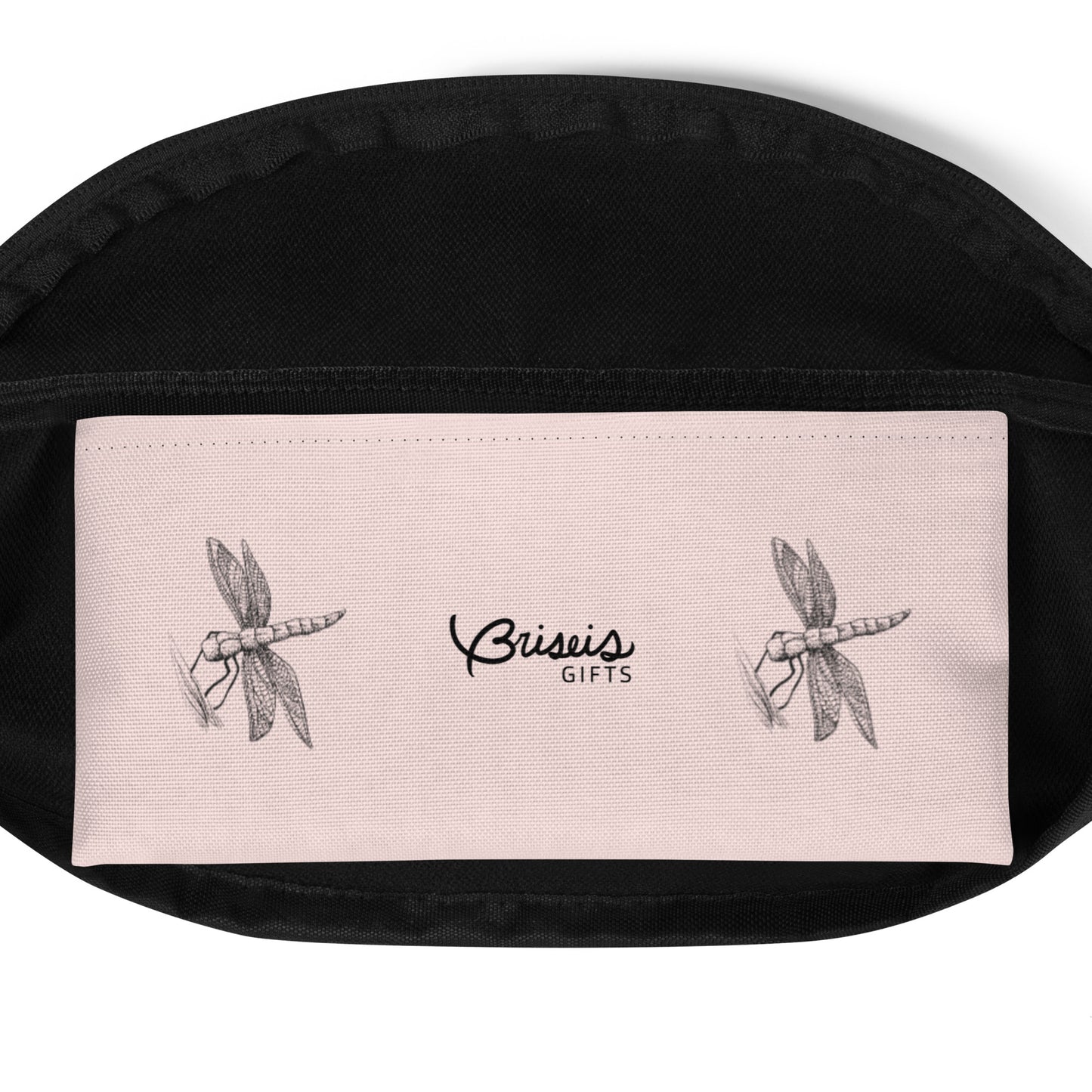 Dragonfly design hand-drawn art pink fanny pack inside pocket, by Briseis Gifts