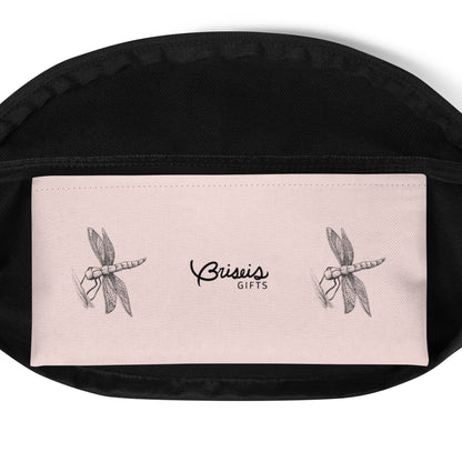 Dragonfly design hand-drawn art pink fanny pack inside pocket, by Briseis Gifts