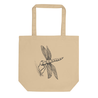 Dragonfly design hand-drawn art tan organic cotton eco tote bag front view, by Briseis Gifts