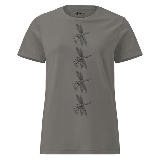 Dragonfly design hand-drawn art gray women's t-shirt, front view, by Briseis Gifts