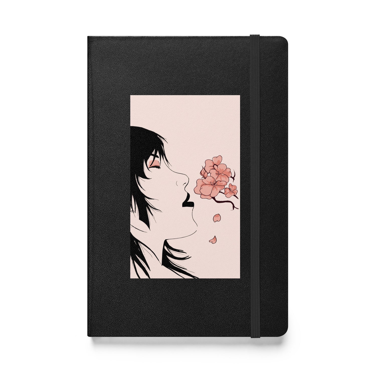 Dream girl Asian-inspired floral design hand-drawn art pink and black notebook journal front view, by Briseis Gifts
