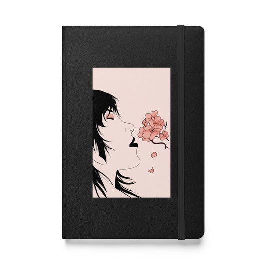 Dream girl Asian-inspired floral design hand-drawn art pink and black notebook journal front view, by Briseis Gifts
