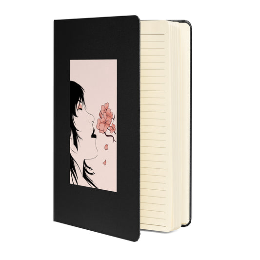 Dream girl Asian-inspired floral design hand-drawn art pink and black notebook journal open view, by Briseis Gifts