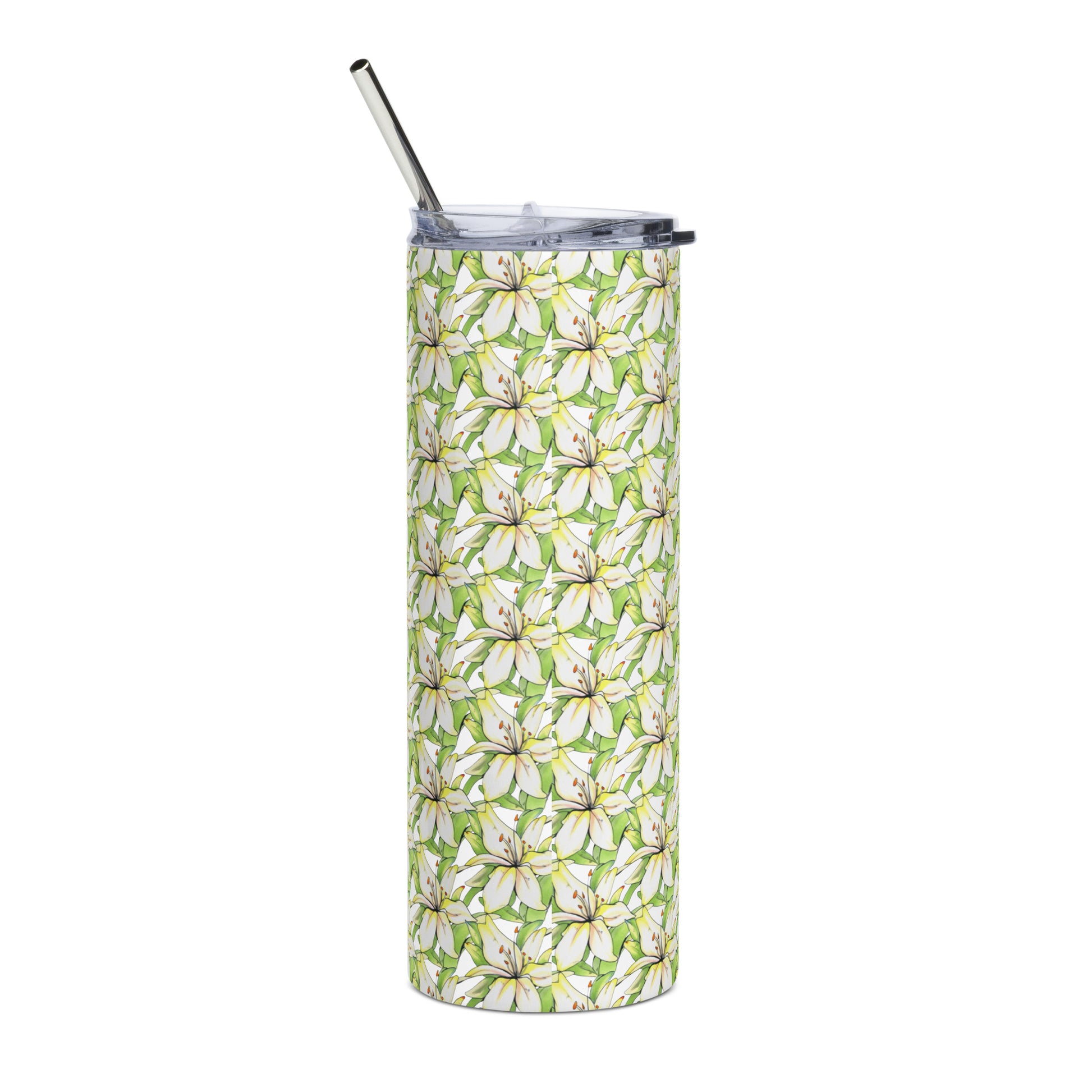 Exotic tropical floral design hand-drawn art stainless steel tumbler, back, by Briseis Gifts
