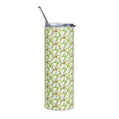 Exotic tropical floral design hand-drawn art stainless steel tumbler, back, by Briseis Gifts