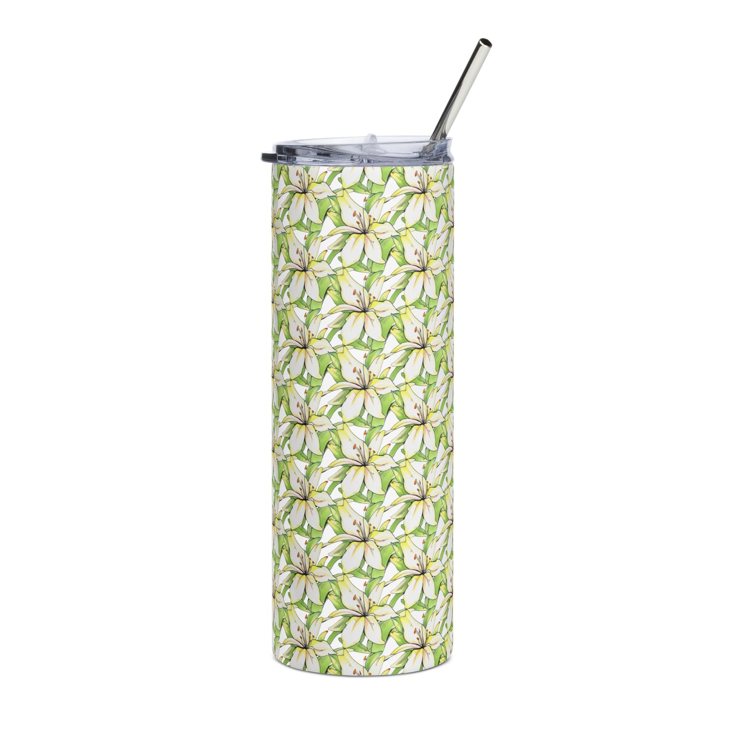Exotic tropical floral design hand-drawn art stainless steel tumbler, front, by Briseis Gifts