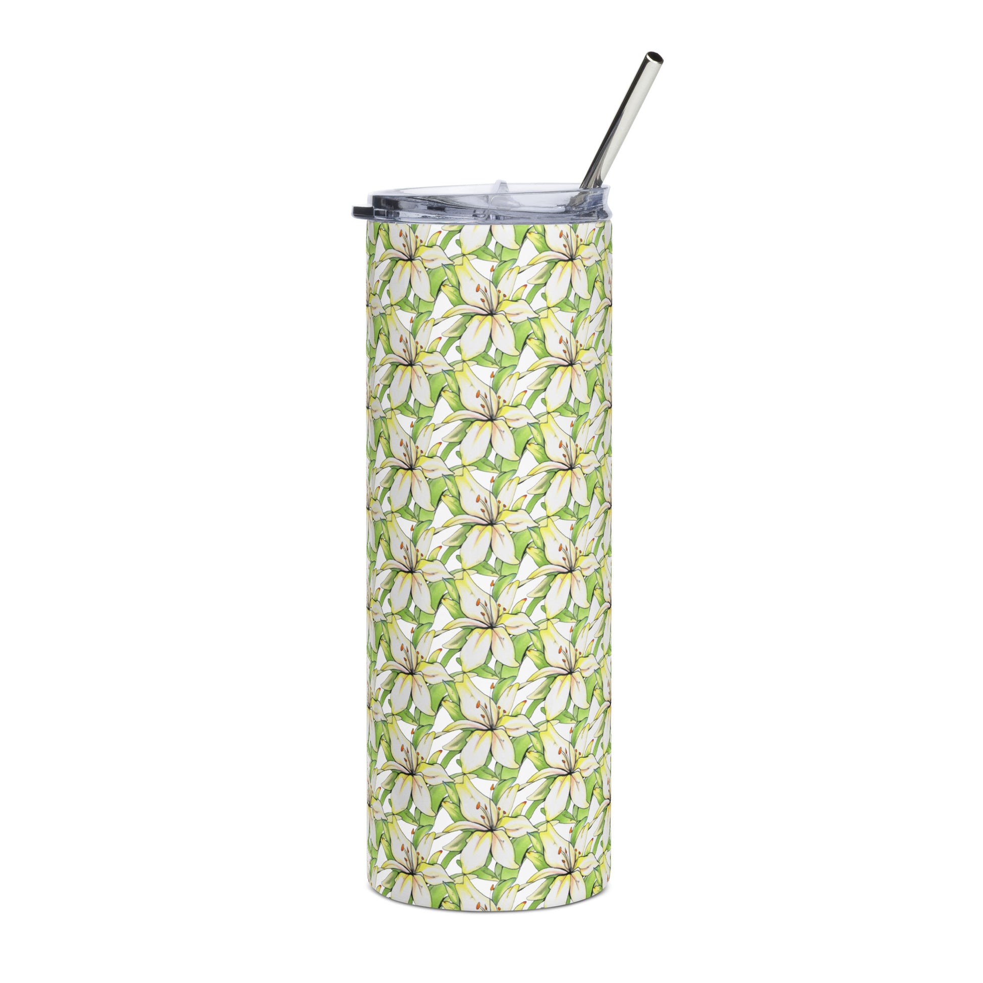 Exotic tropical floral design hand-drawn art stainless steel tumbler, front, by Briseis Gifts
