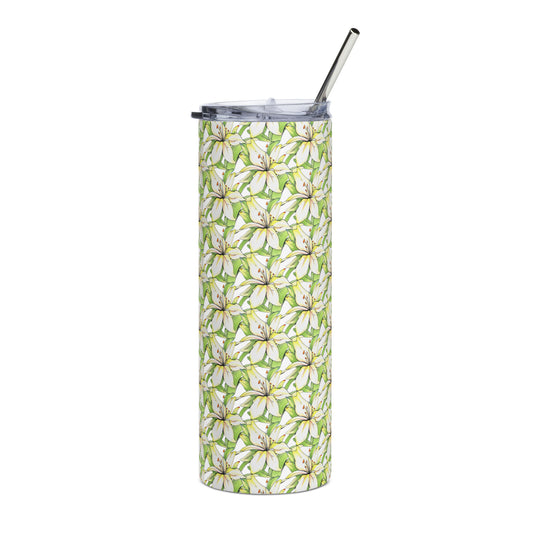 Exotic tropical floral design hand-drawn art stainless steel tumbler, front, by Briseis Gifts