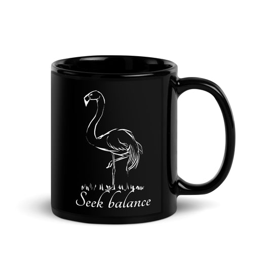 Balancing flamingo hand-drawn art black ceramic mug left view