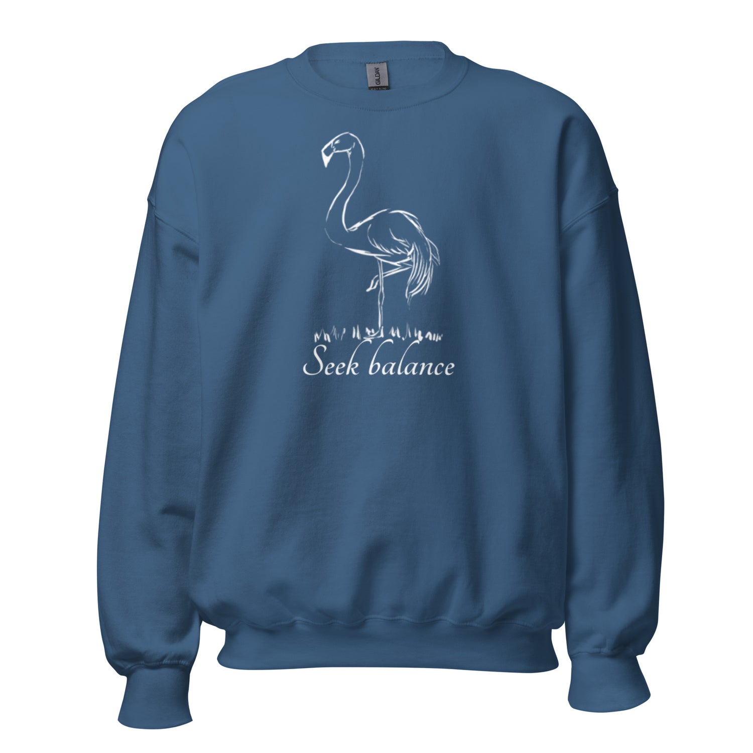 Balancing flamingo hand-drawn art indigo blue sweatshirt front view by Briseis Gifts
