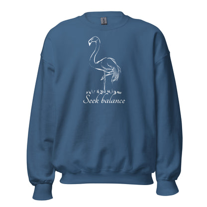Balancing flamingo hand-drawn art indigo blue sweatshirt front view by Briseis Gifts