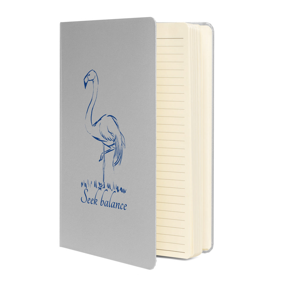 Balancing flamingo hand-drawn art silver notebook journal open view, by Briseis Gifts