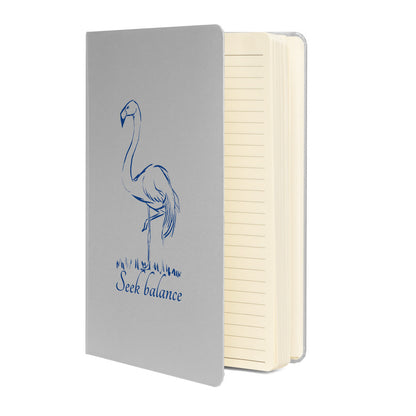 Balancing flamingo hand-drawn art silver notebook journal open view, by Briseis Gifts