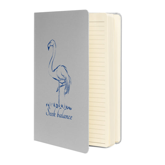 Balancing flamingo hand-drawn art silver notebook journal open view, by Briseis Gifts